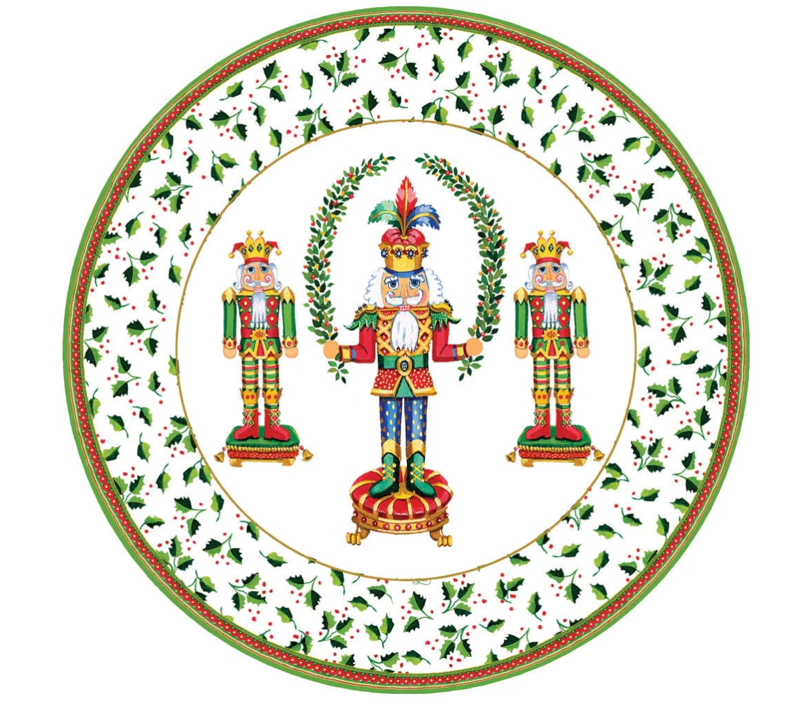 Decorative plate with nutcrackers and holly design on a white background