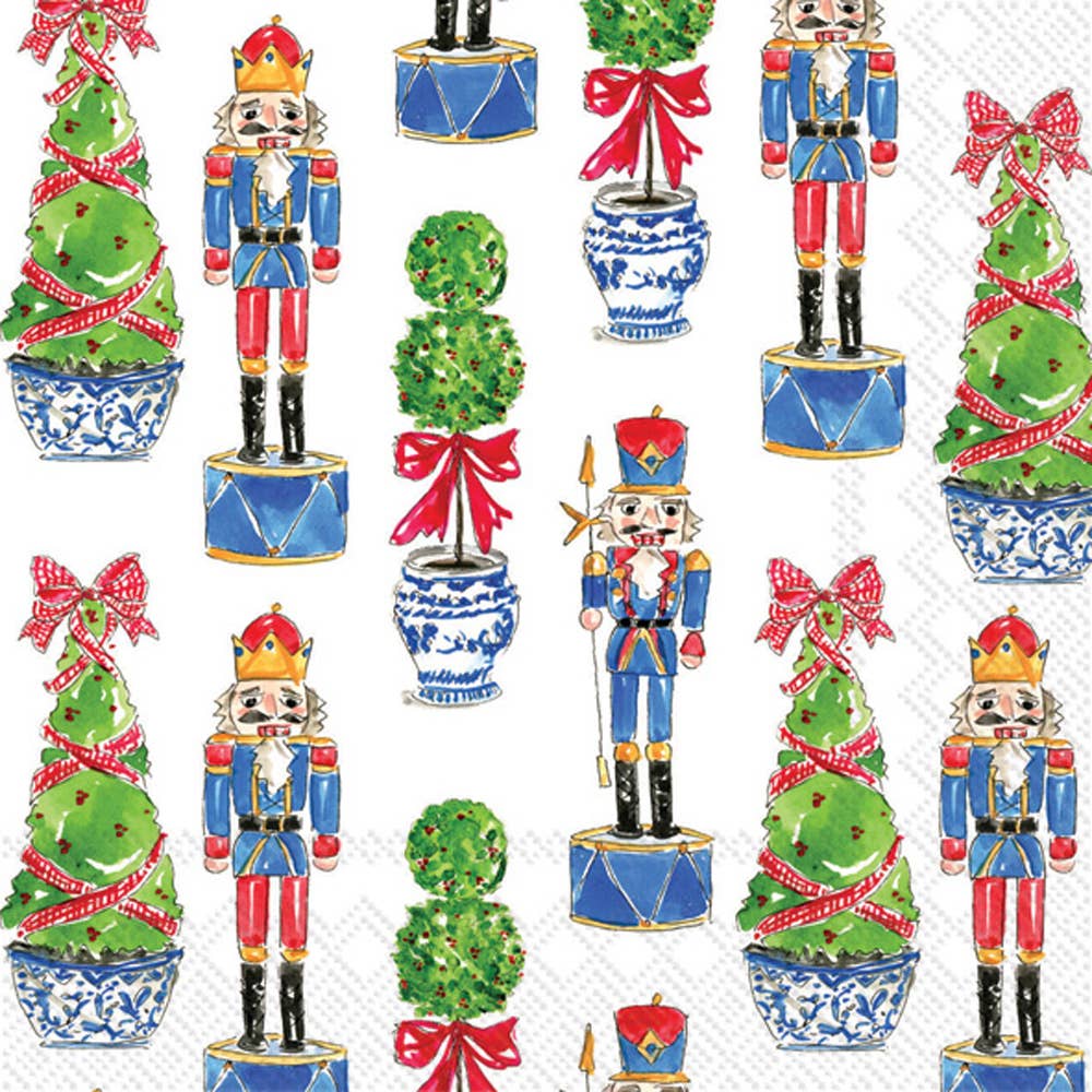 Pattern of Christmas-themed elements including nutcrackers, trees, and decorative bows on a white background.
