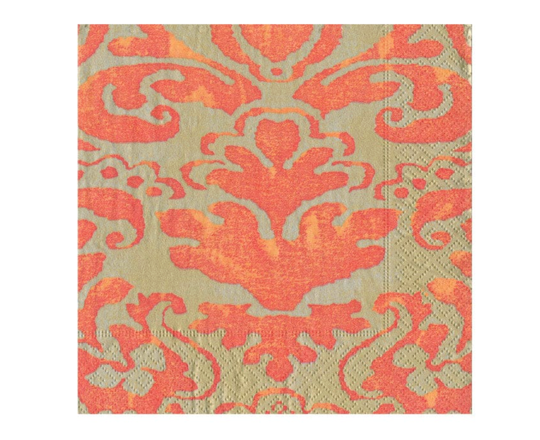 A square cocktail napkin with a classic damask pattern in orange and beige, shown flat against a white background.