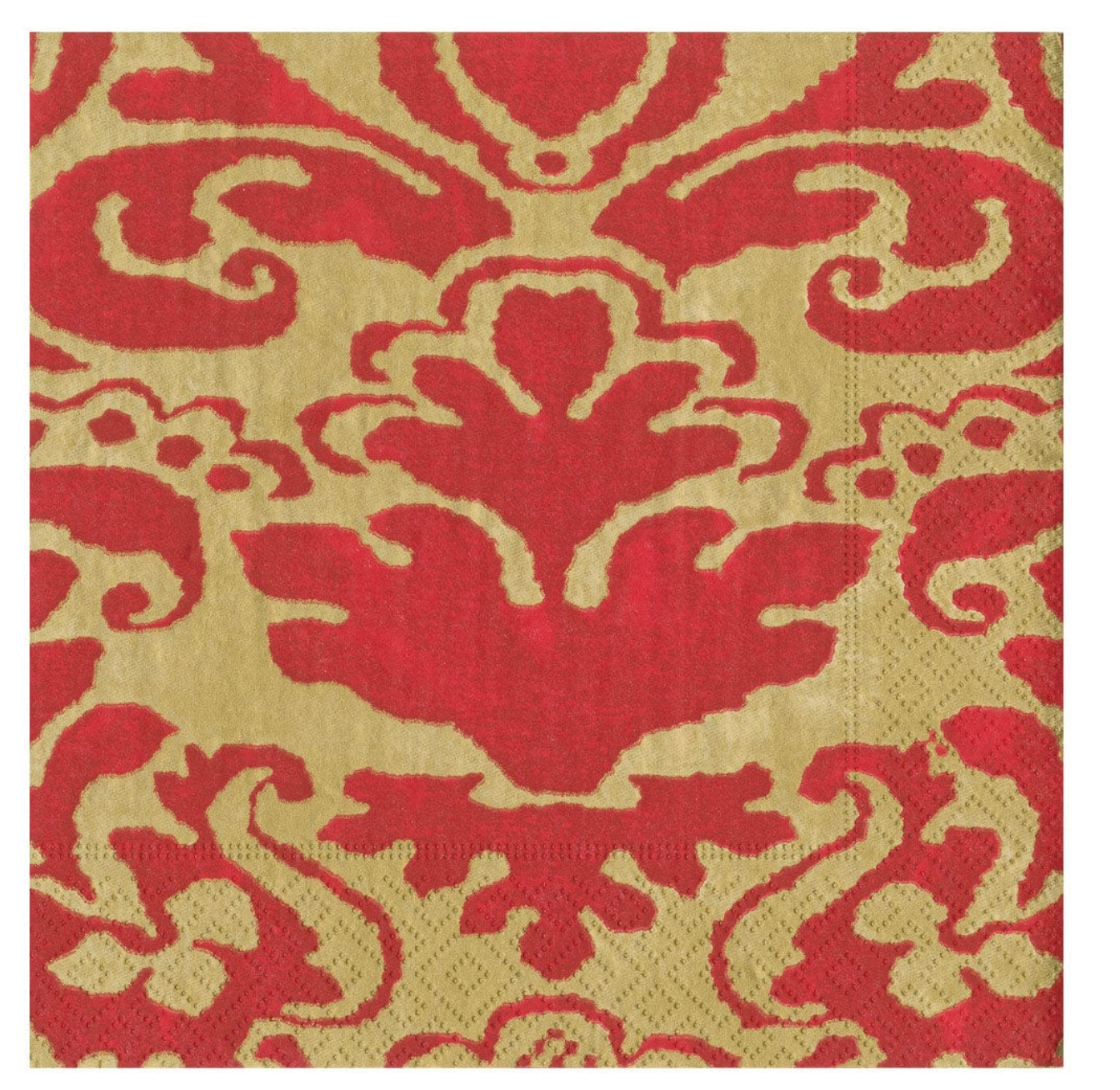 A close-up of a damask patterned napkin in red and gold, showing the woven texture and repeating ornate motif.