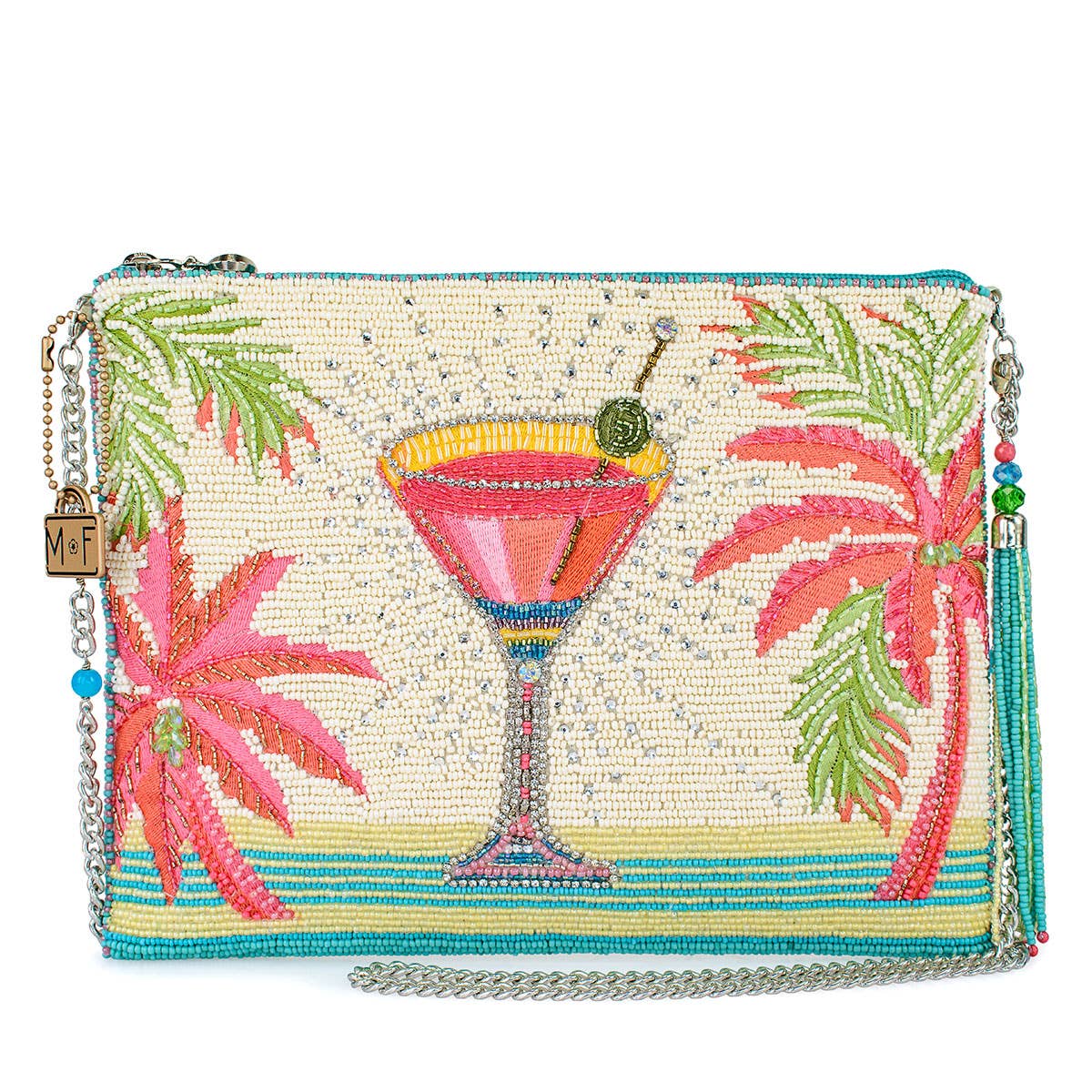 Beaded clutch with cocktail and palm tree design on a white background