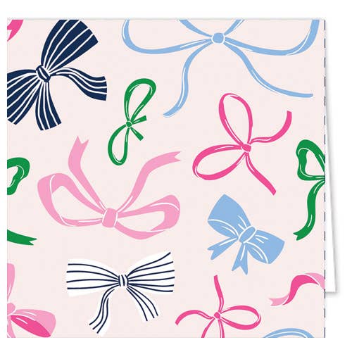 Pattern of colorful bows on a light pink background