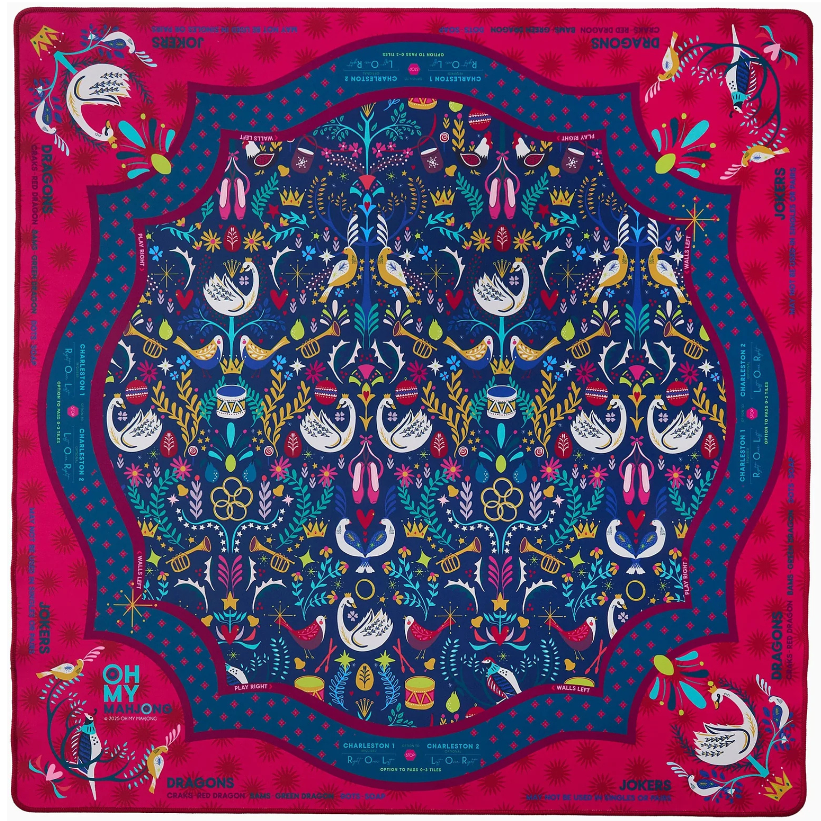 Colorful patterned mat with a pink border on a white background