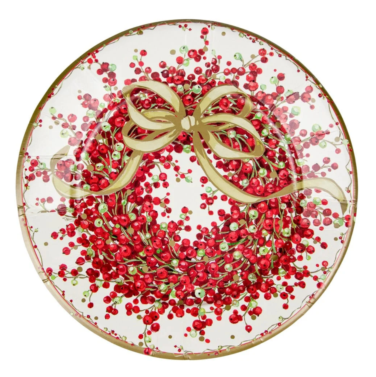 A round white paper plate featuring a festive Christmas wreath design with red berries, green leaves, and a large gold bow, isolated on a white background.