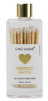 A clear rectangular bottle of Chez Gagné Perfect Match safety matches with a gold cap and white label, showing wooden matches inside.