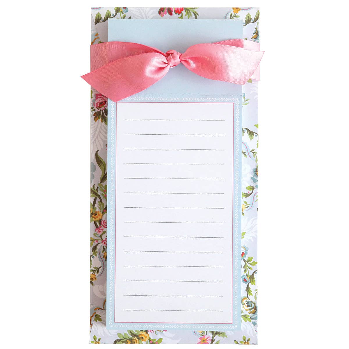 Floral notepad with a pink ribbon on a white background