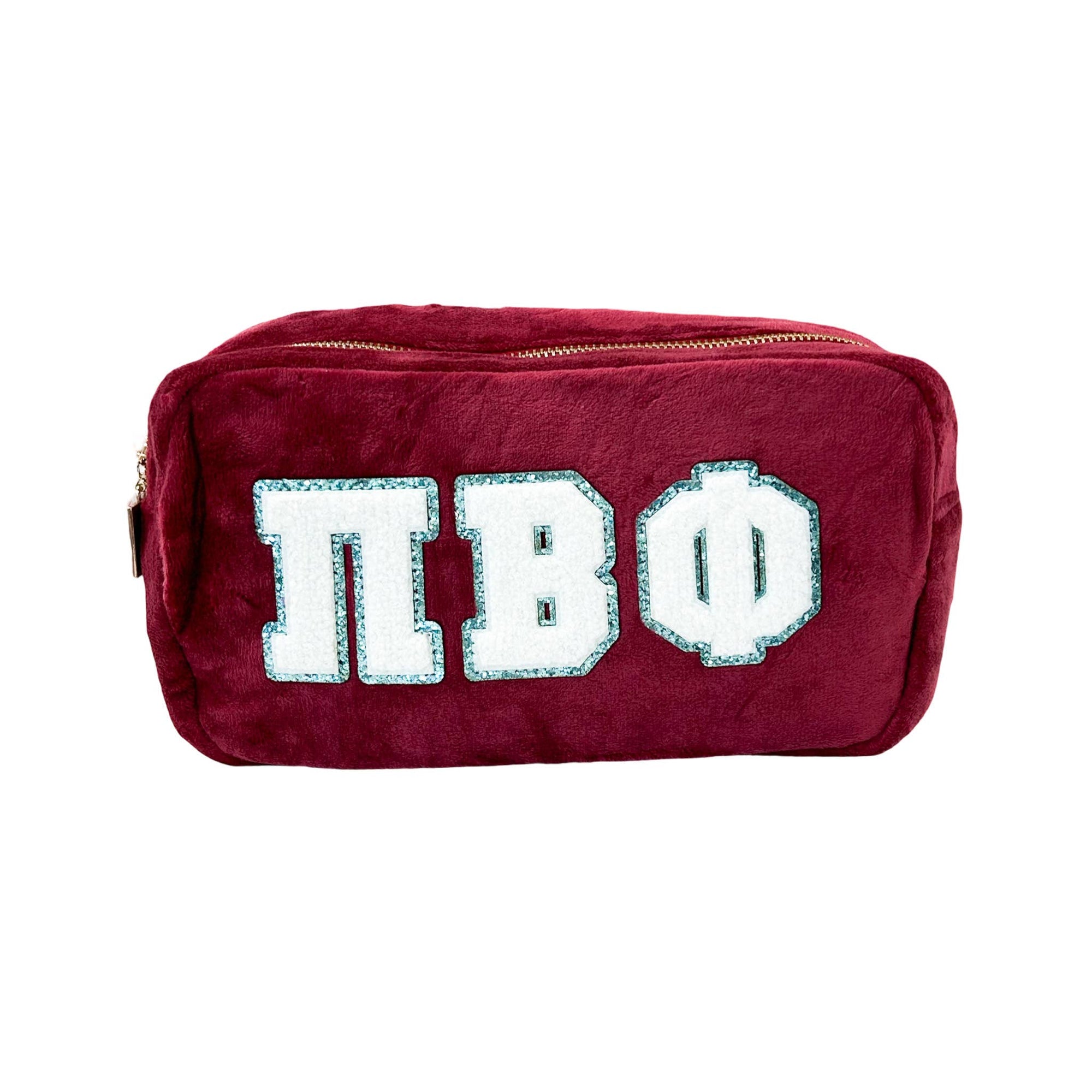 Maroon pouch with white and blue Pi Phi letters on a white background
