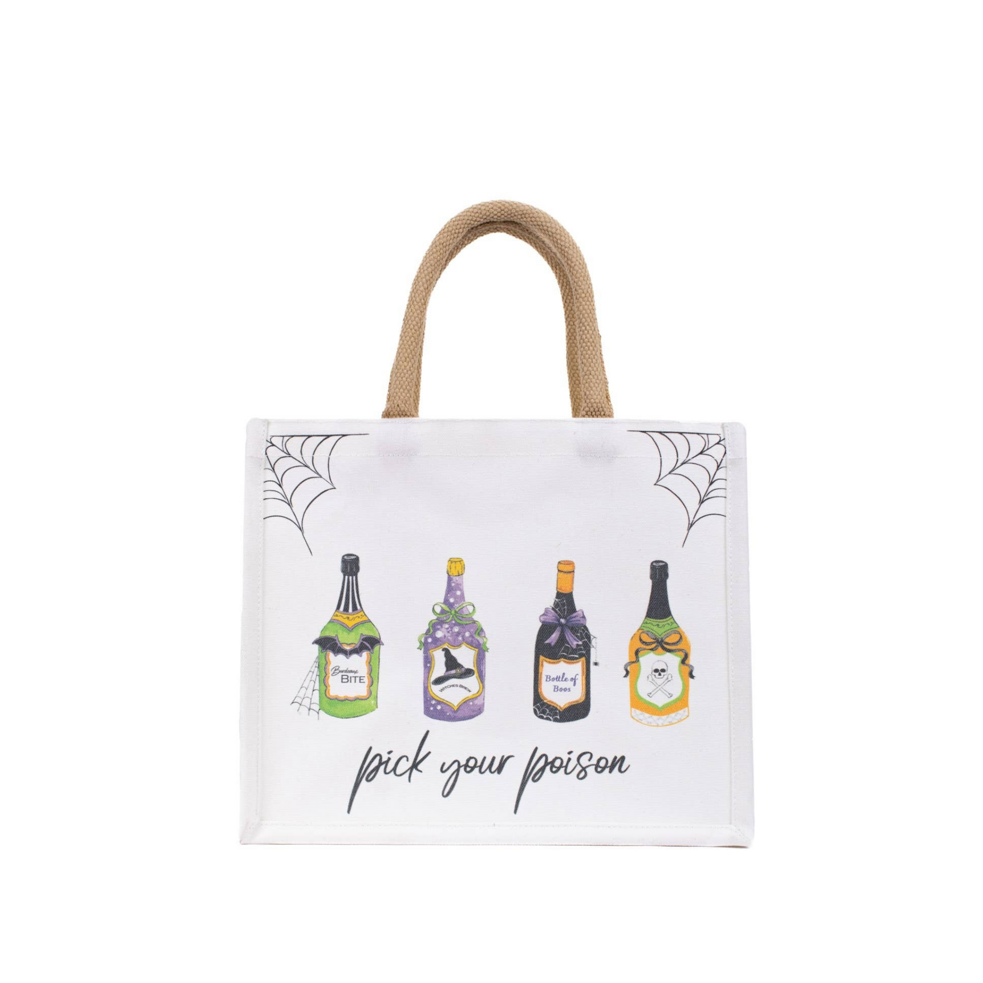 Halloween-themed tote bag with bottles and 'pick your poison' text on a white background