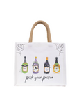Halloween-themed tote bag with bottles and 'pick your poison' text on a white background