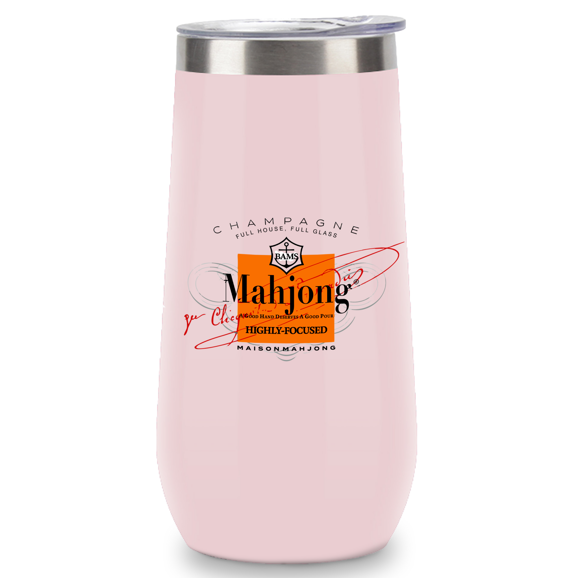 Pink tumbler with Mahjong branding on a pink background