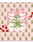 A square Mahjong mat design featuring a pink gingham background with a repeating pattern of small green Christmas trees, a large central green Christmas tree framed by pink ribbons, and scattered red gift boxes around it.