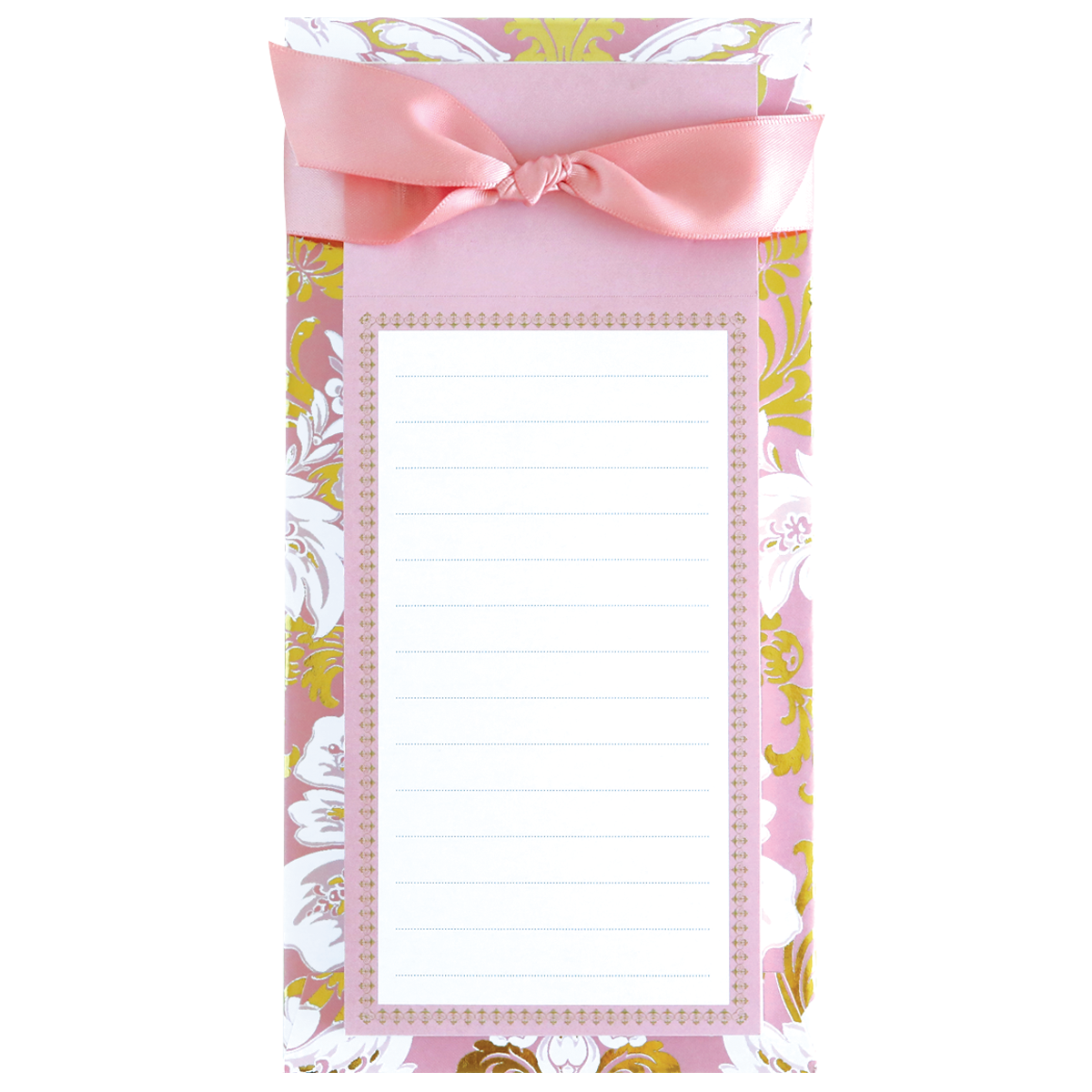 Floral notepad with a pink ribbon on a white background