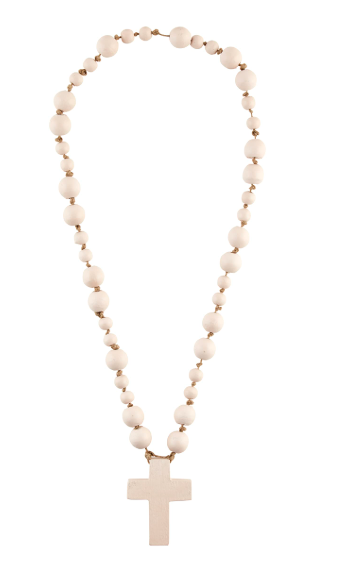 A beaded cross featuring matte pink-colored wooden beads and a matching wooden cross pendant, displayed against a solid white background.