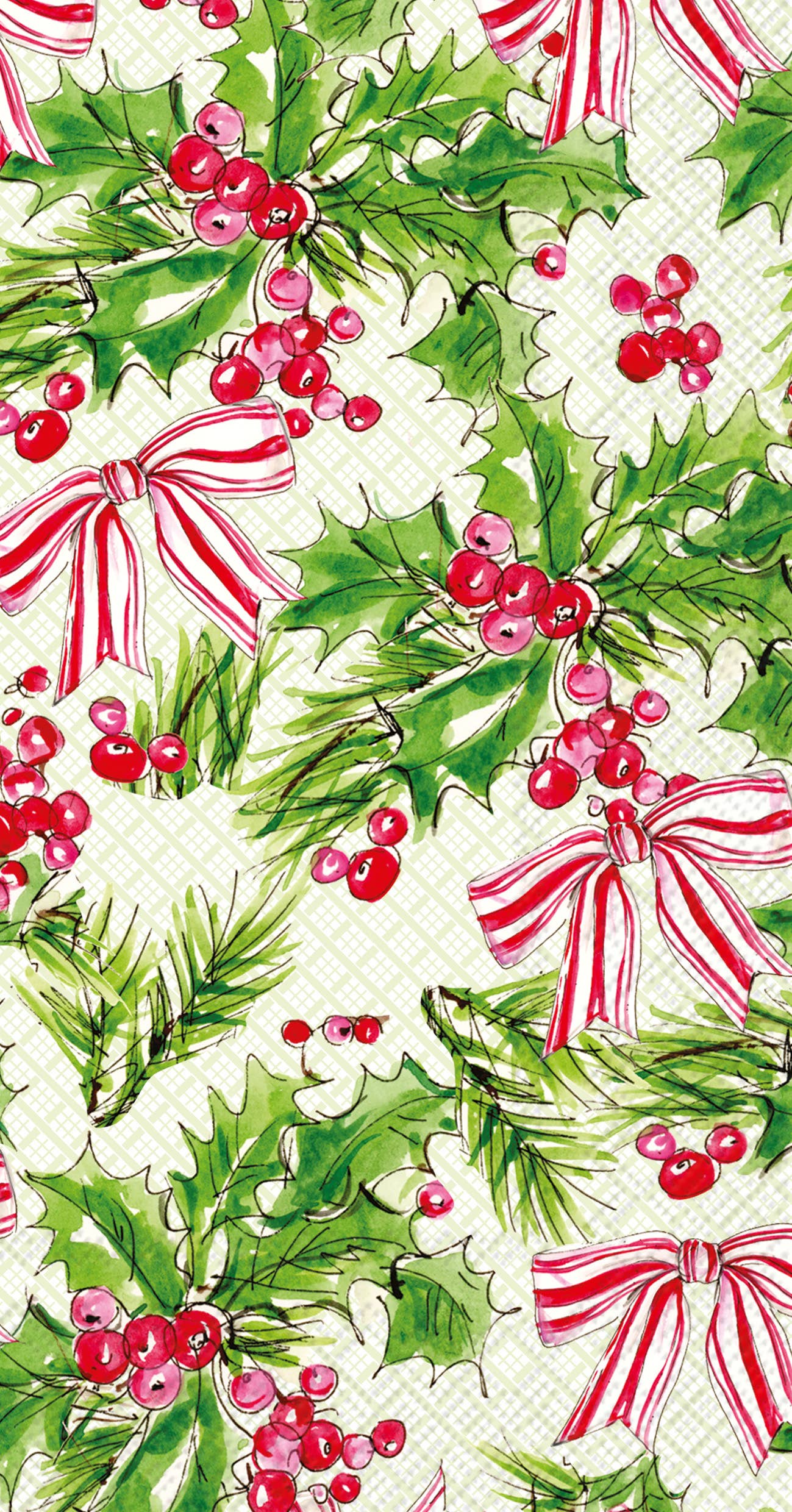 Christmas-themed pattern with holly leaves, berries, and red bows on a white background paper napkin