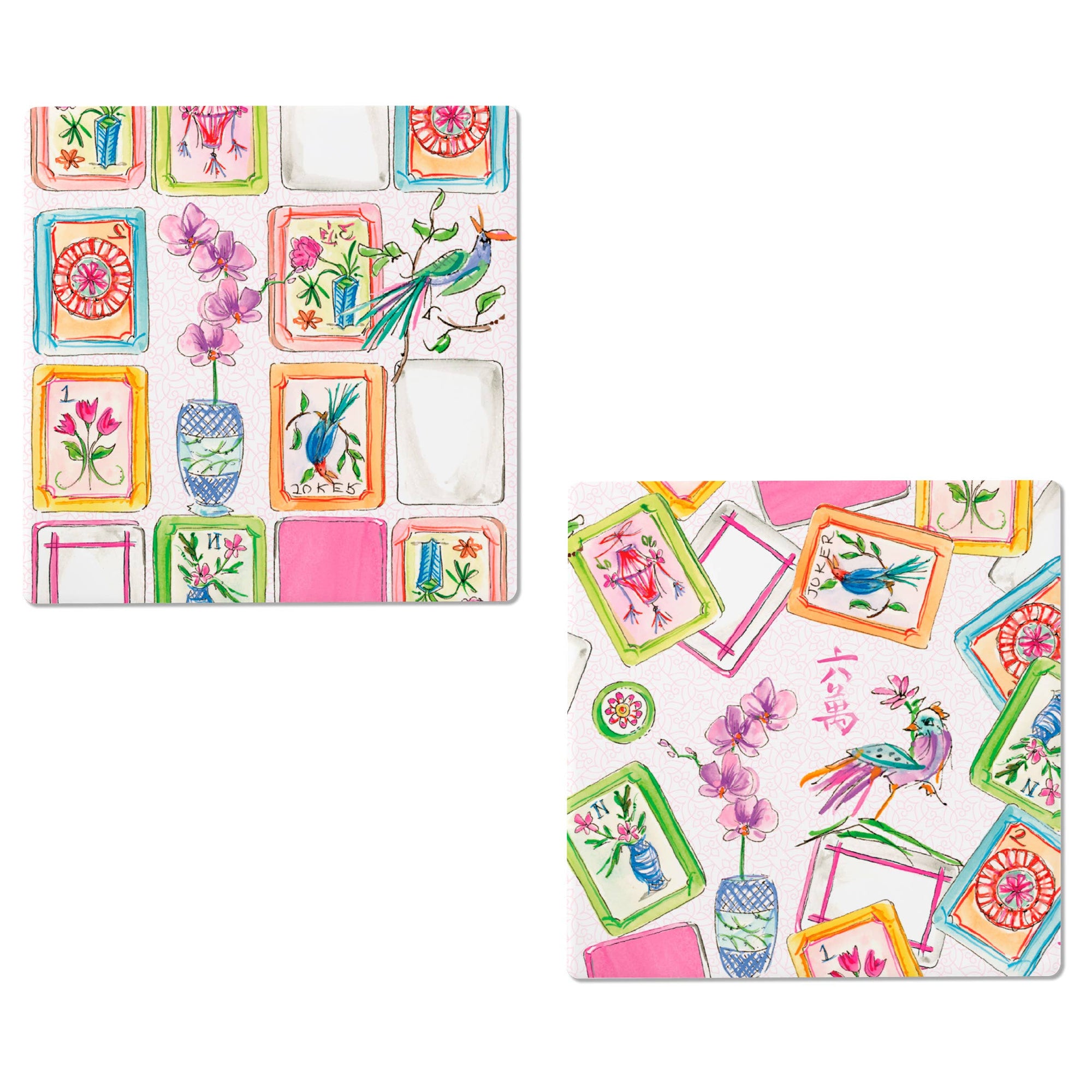 Set of colorful stickers with floral and bird designs on a white background