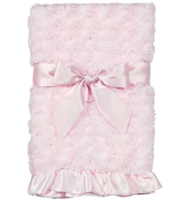 Pink textured blanket with a large bow on a white background