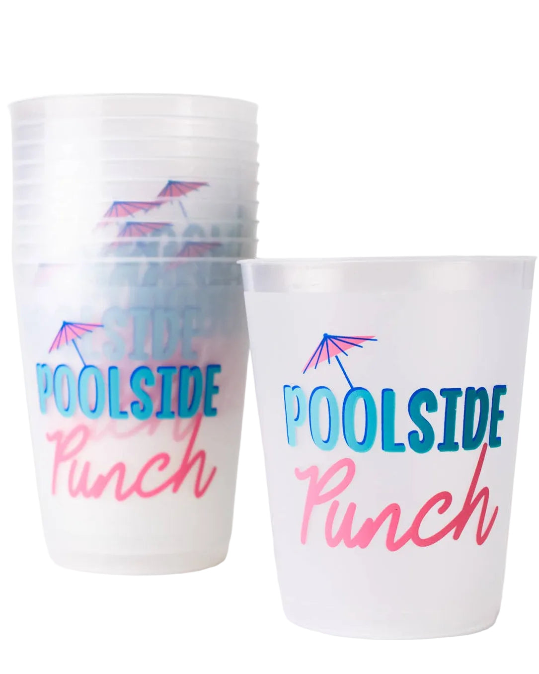 Two 'Poolside Punch' cups with colorful text and designs on a white background