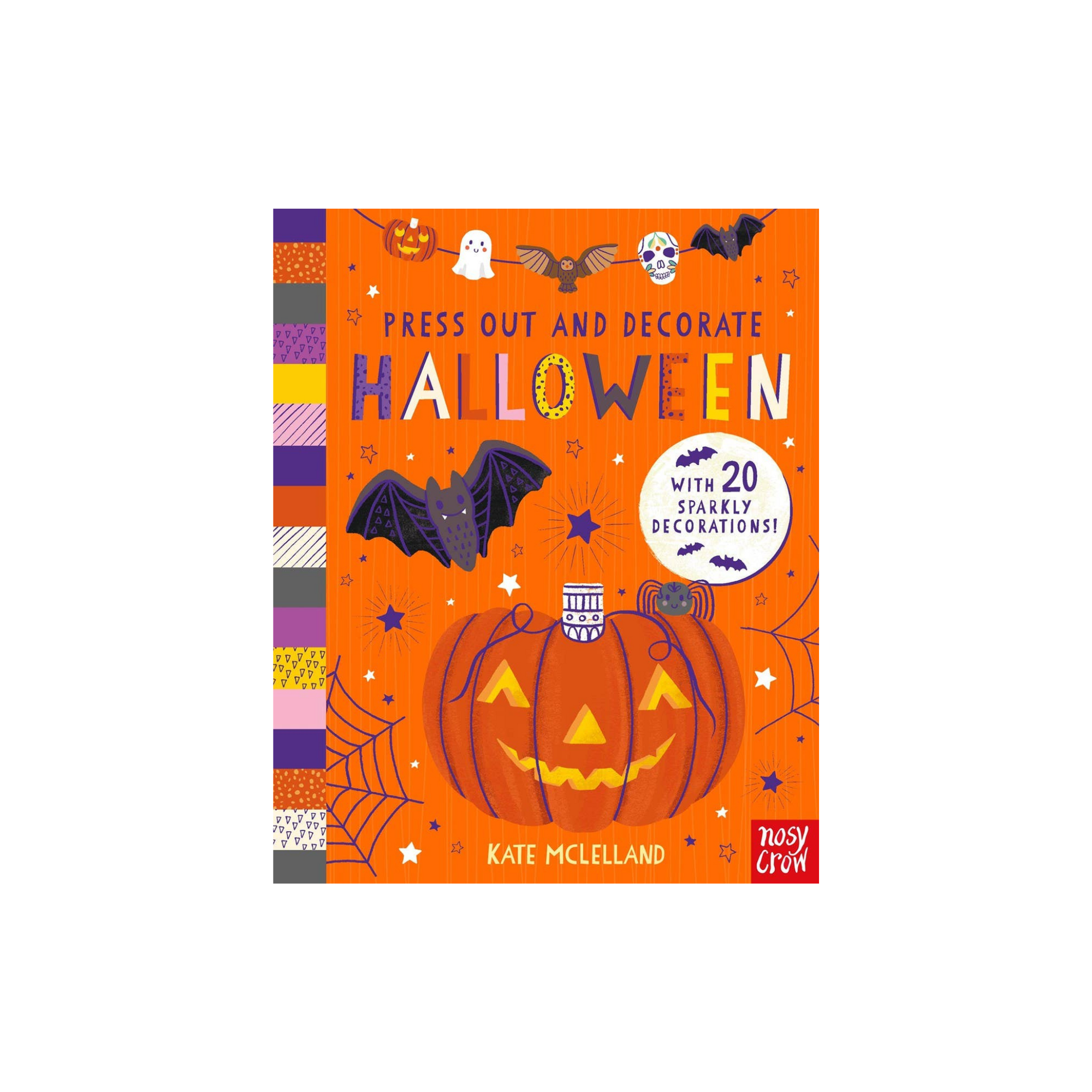 Halloween-themed book cover with pumpkins, bats, and decorative elements on an orange background.