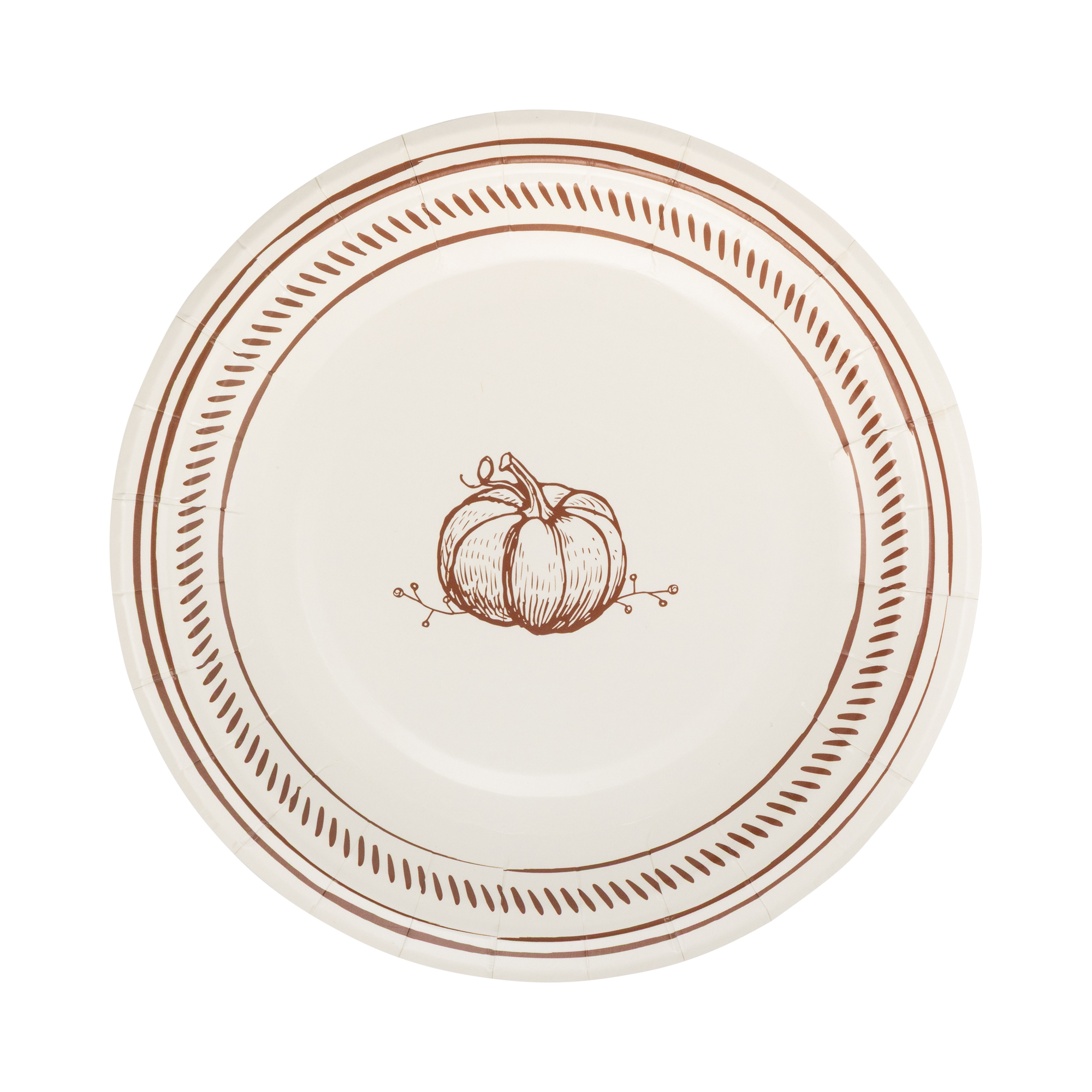Round paper plate with brown pumpkin design and decorative edge on a white background