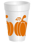 A white disposable foam cup featuring a bold orange pumpkin graphic printed on the side, set against a plain white background.
