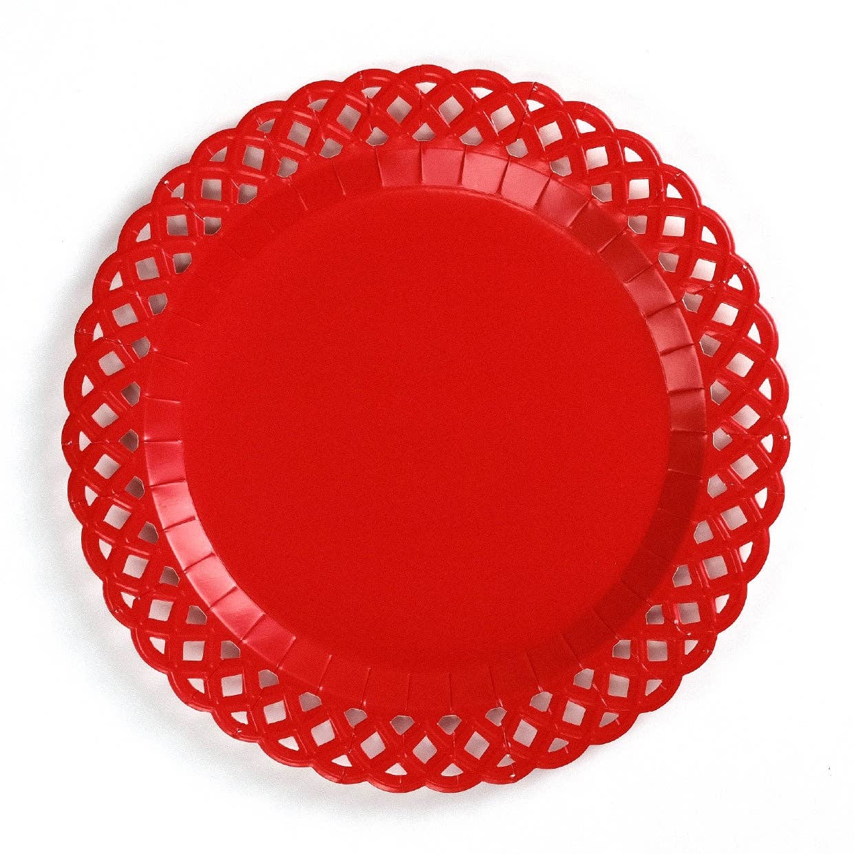 Red paper plate with lattice design on a white background
