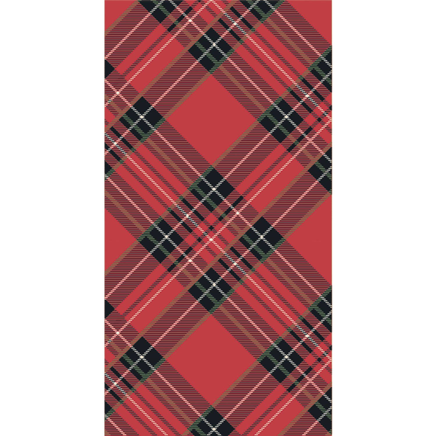 A vertical rectangular guest napkin featuring a red tartan plaid pattern with black and thin white diagonal stripes, shown against a white background.