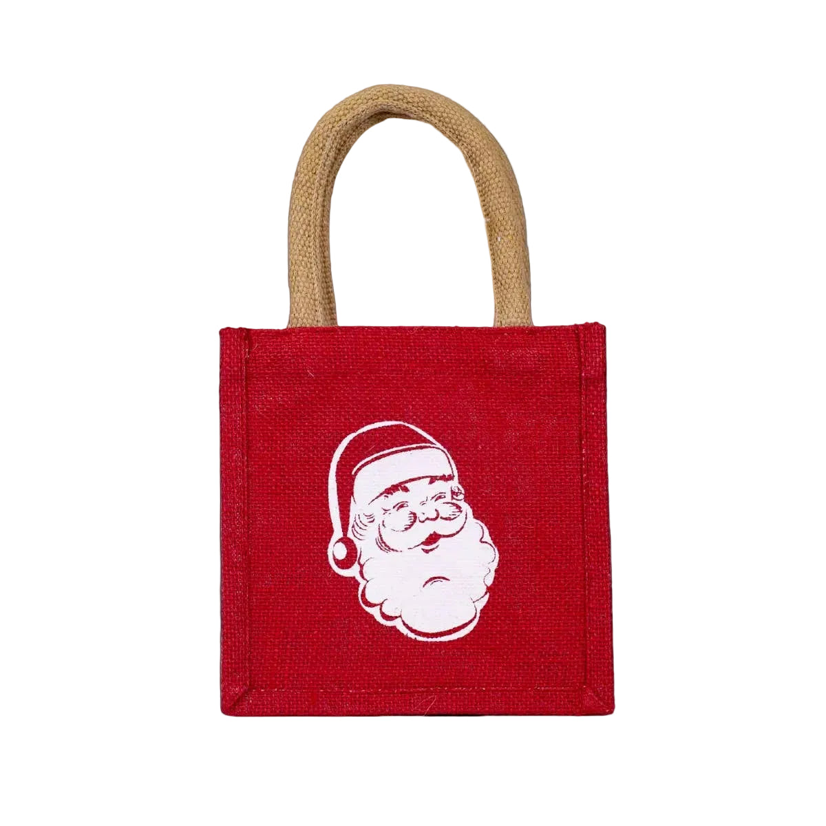 A small red canvas tote bag with natural jute handles and a white printed graphic of Santa Claus' face on the front, shown against a plain white background.