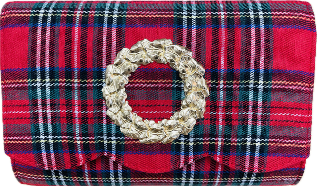 A red tartan plaid clutch purse with a large textured gold-tone circular ring clasp in the center.
