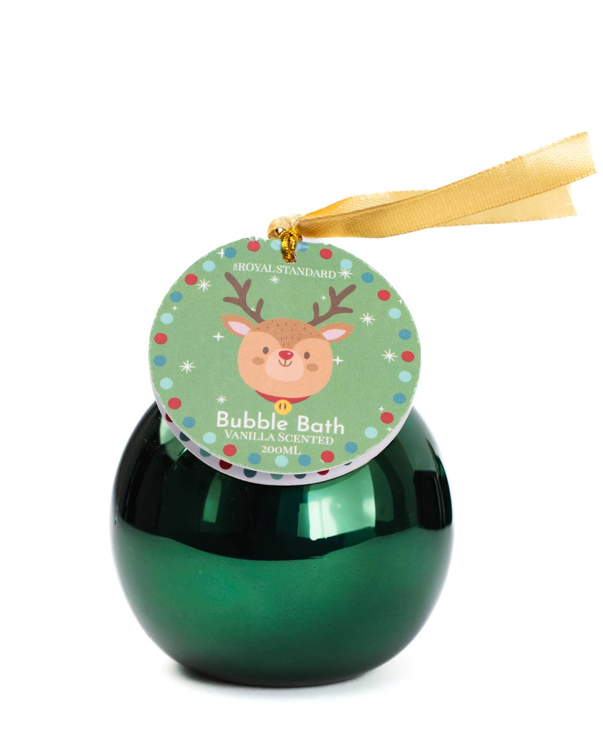 Green bubble bath bottle with a reindeer label on a white background