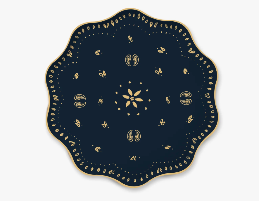 A round decorative paper plate with a scalloped edge, featuring a navy blue background and gold-toned ornamental patterns and border details, shown on a plain white background.