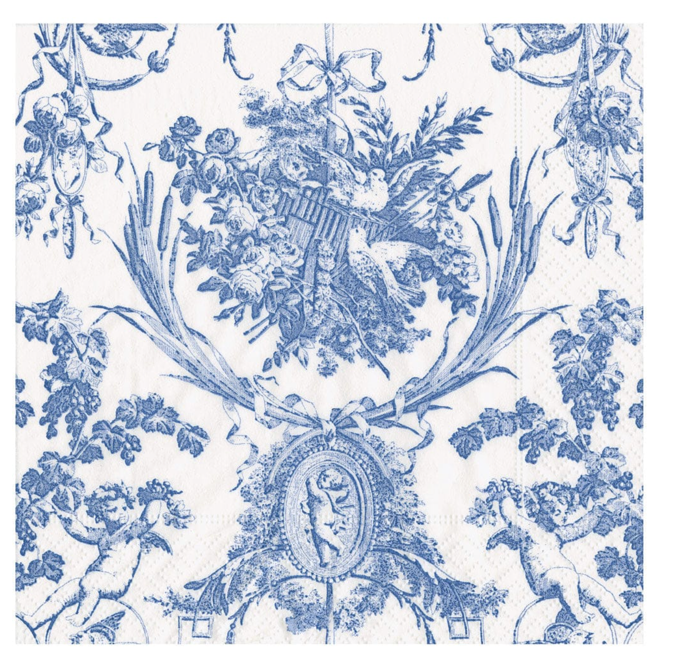 A square white paper napkin featuring a classic blue toile de Jouy pattern with cherubs, floral bouquets, and decorative ribbons.