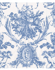 A square white paper napkin featuring a classic blue toile de Jouy pattern with cherubs, floral bouquets, and decorative ribbons.