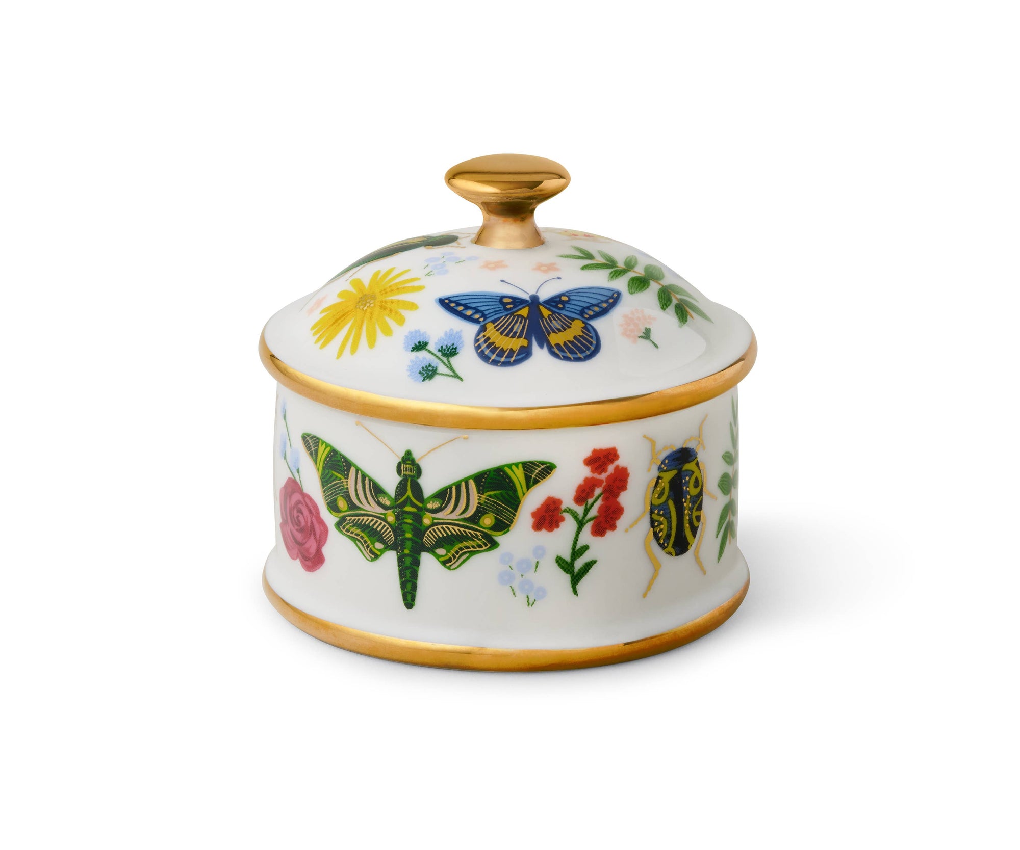 Decorative ceramic jar with butterfly and floral design on a white background