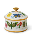 Decorative ceramic jar with butterfly and floral design on a white background