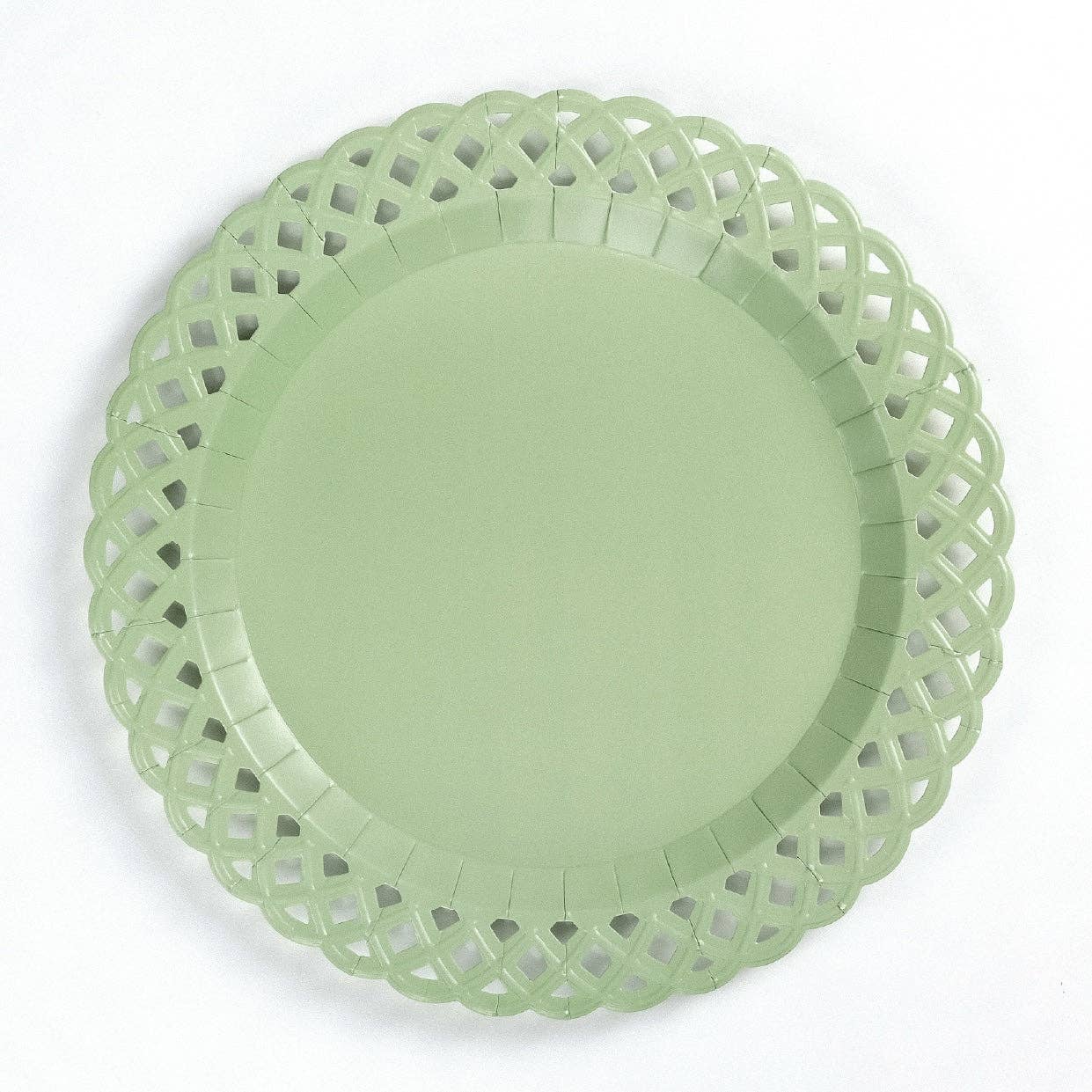 Light green paper plate with decorative lace edge on a white background