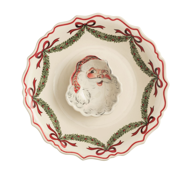 Decorative plate with Santa Claus face and festive border on a white background