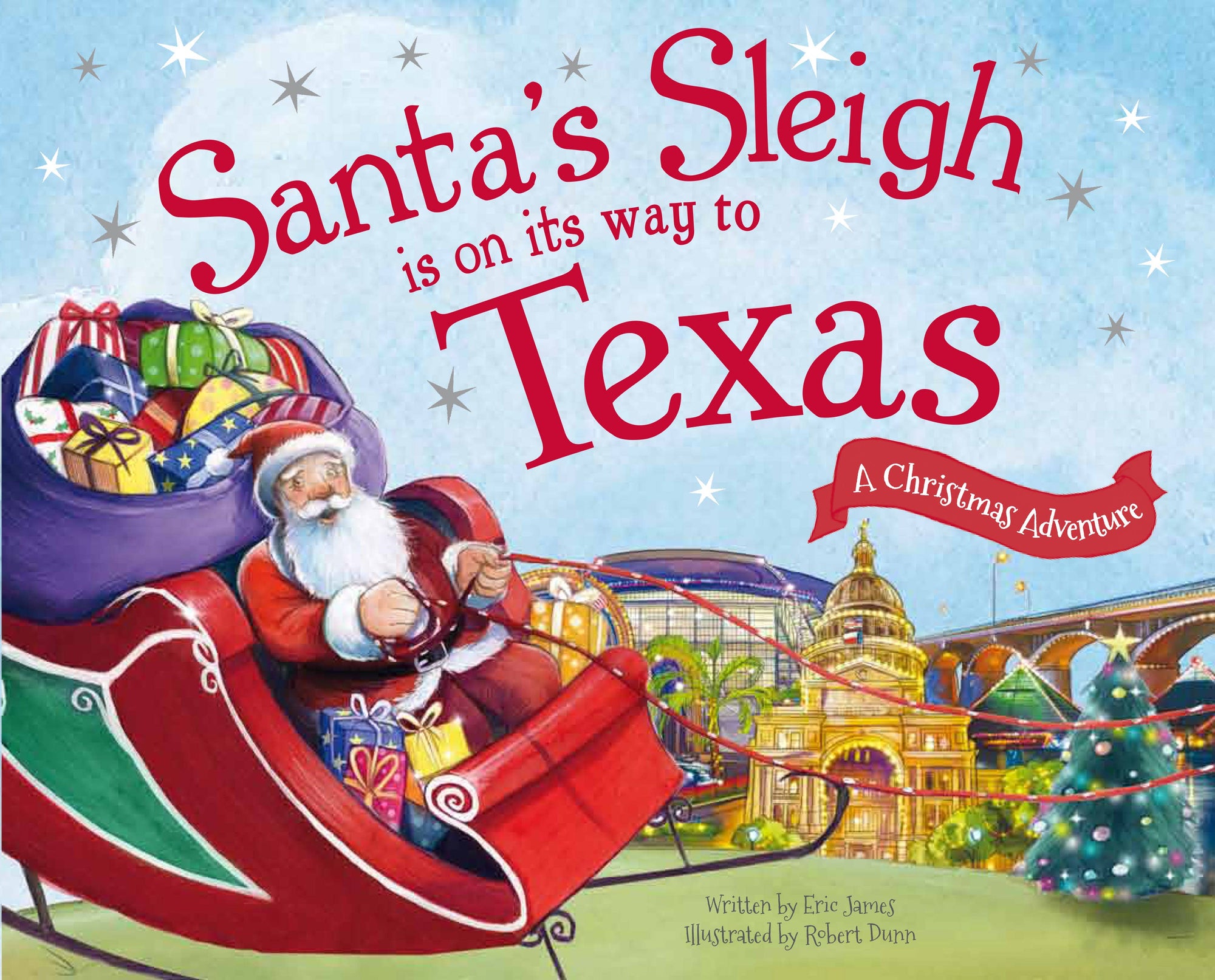 Book cover of 'Santa's Sleigh is on its way to Texas' with Santa Claus and a Christmas scene.