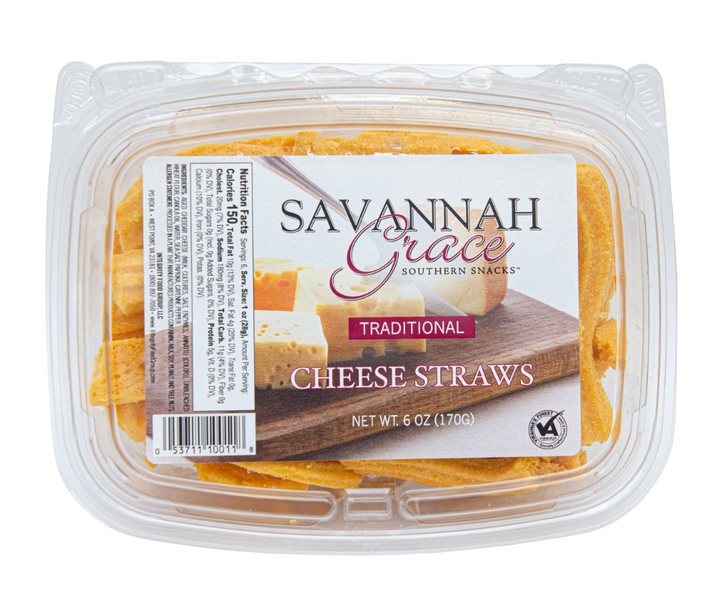 Packaging of Savannah Grace Traditional Cheese Straws. The package is transparent, showing yellow cheese straws inside.