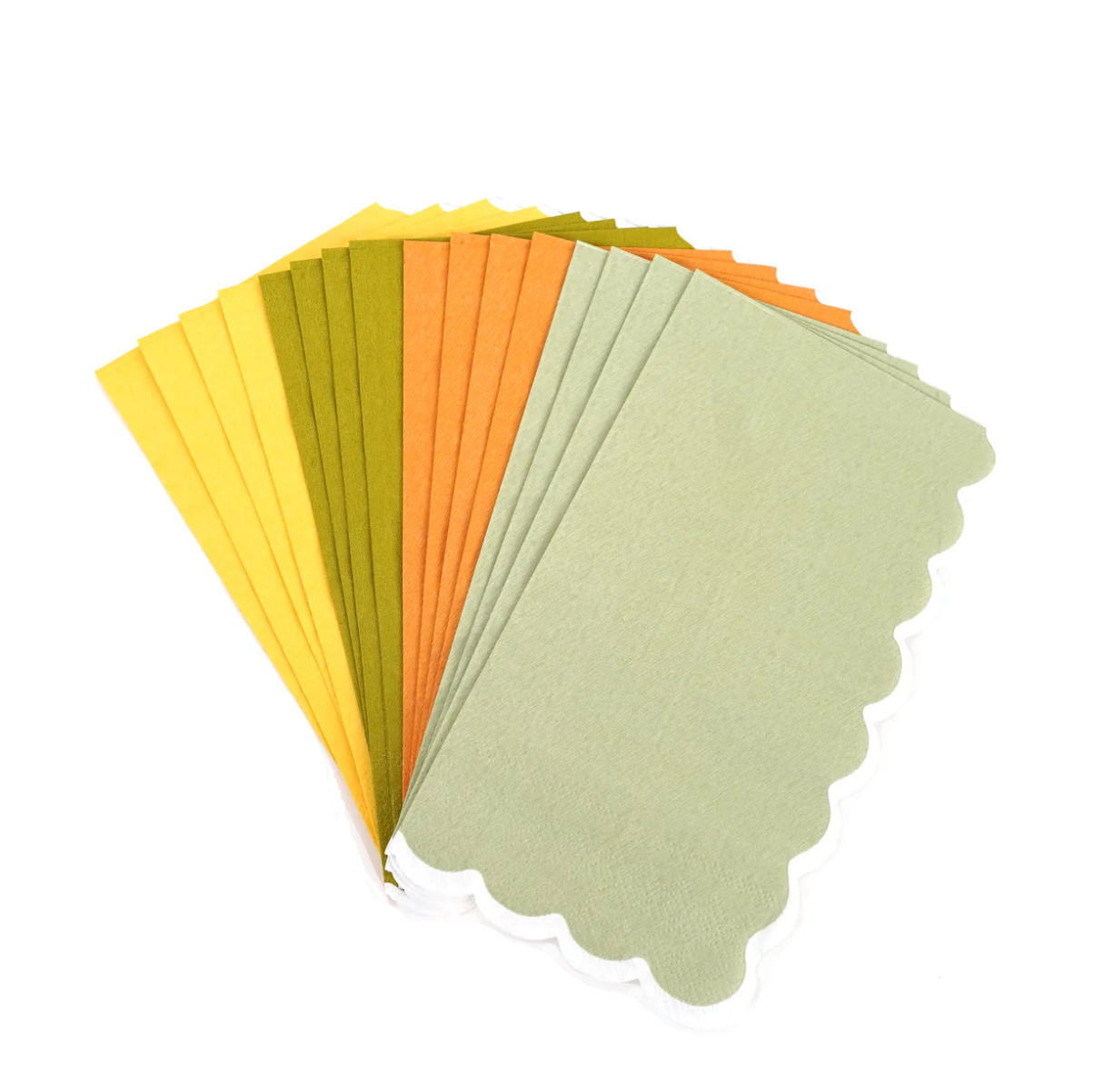A collection of scallop paper guest towels in shades of green, orange, and yellow fanned out on a white background.