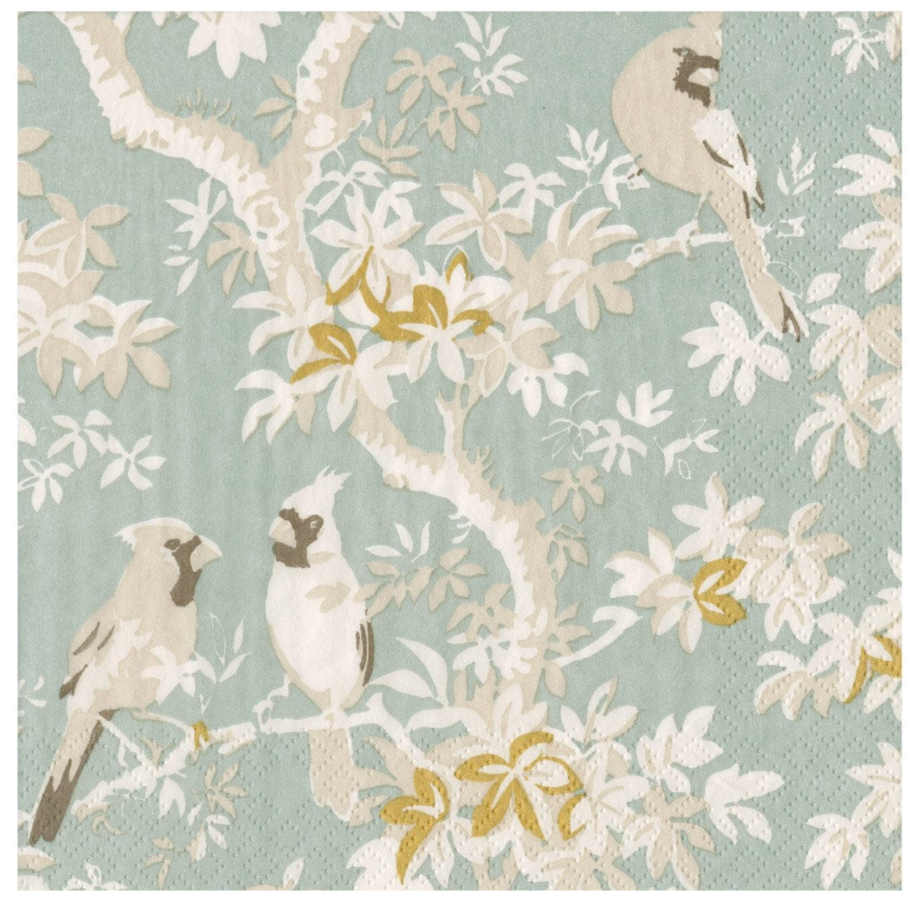 A repeating decorative pattern dinner napkin featuring two white and gray birds perched on branches with white flowers and small yellow accents on a pale blue-green background.