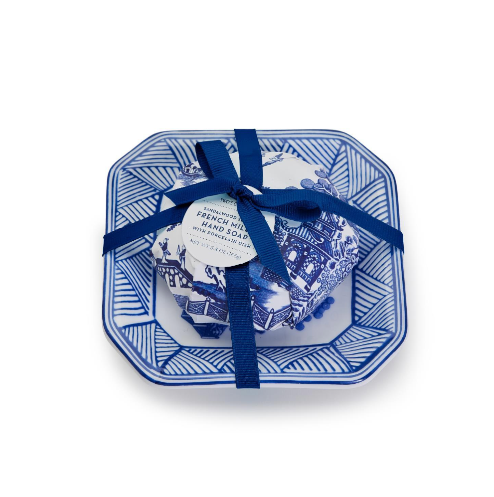 Blue Willow Sandalwood Scented French Milled Soap with Porcelain Tray