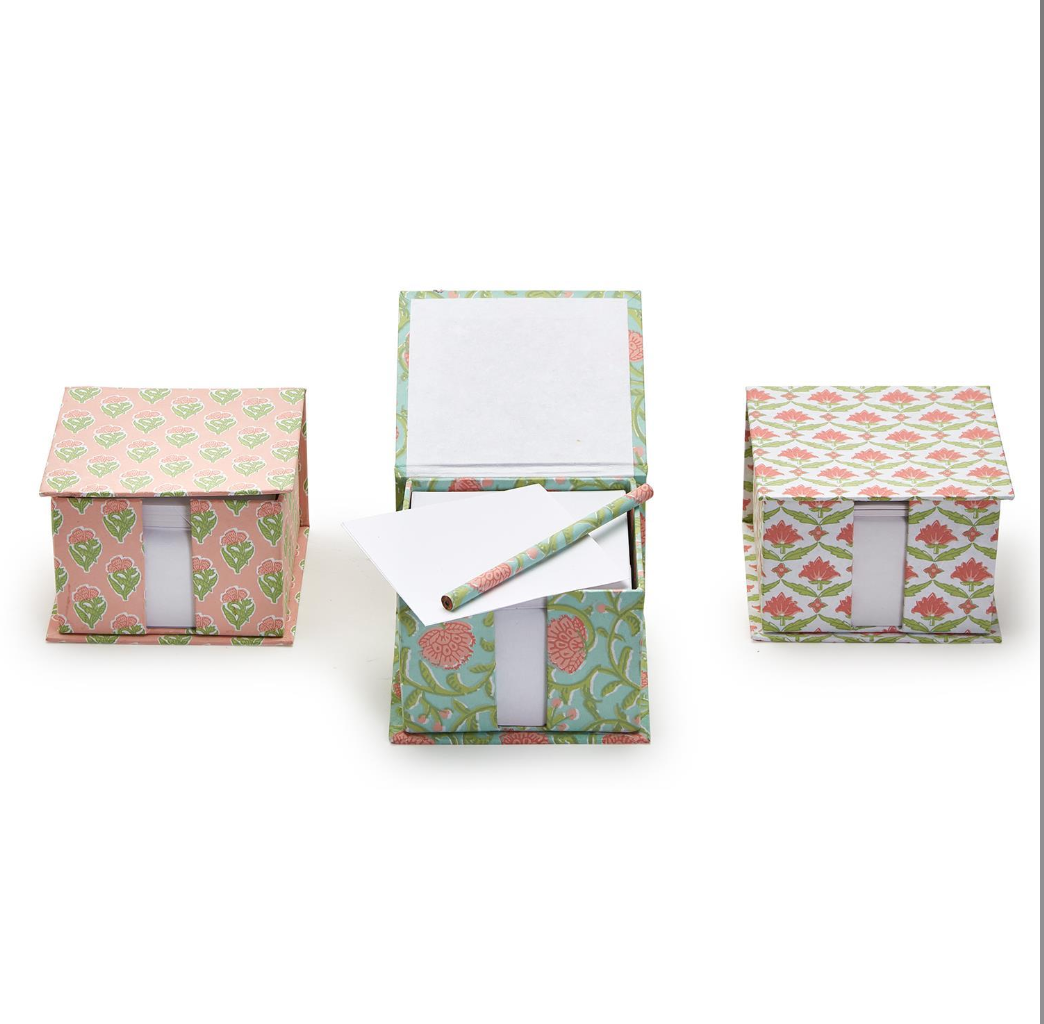 Floral Block Print Note Paper Caddy with Pencil