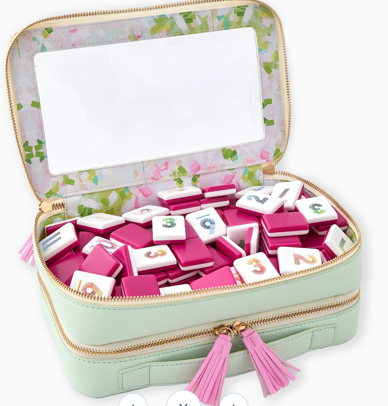 Floral-patterned travel case with pink and white tiles on a white background