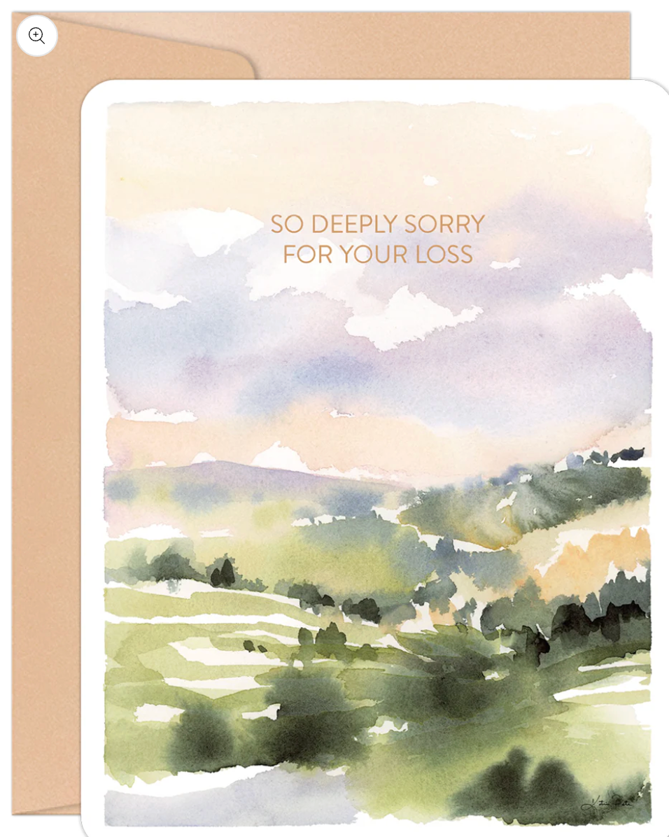 Greeting card with watercolor landscape and 'So deeply sorry for your loss' text