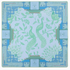 Mahjong mat with peacock and temple design on a light blue background