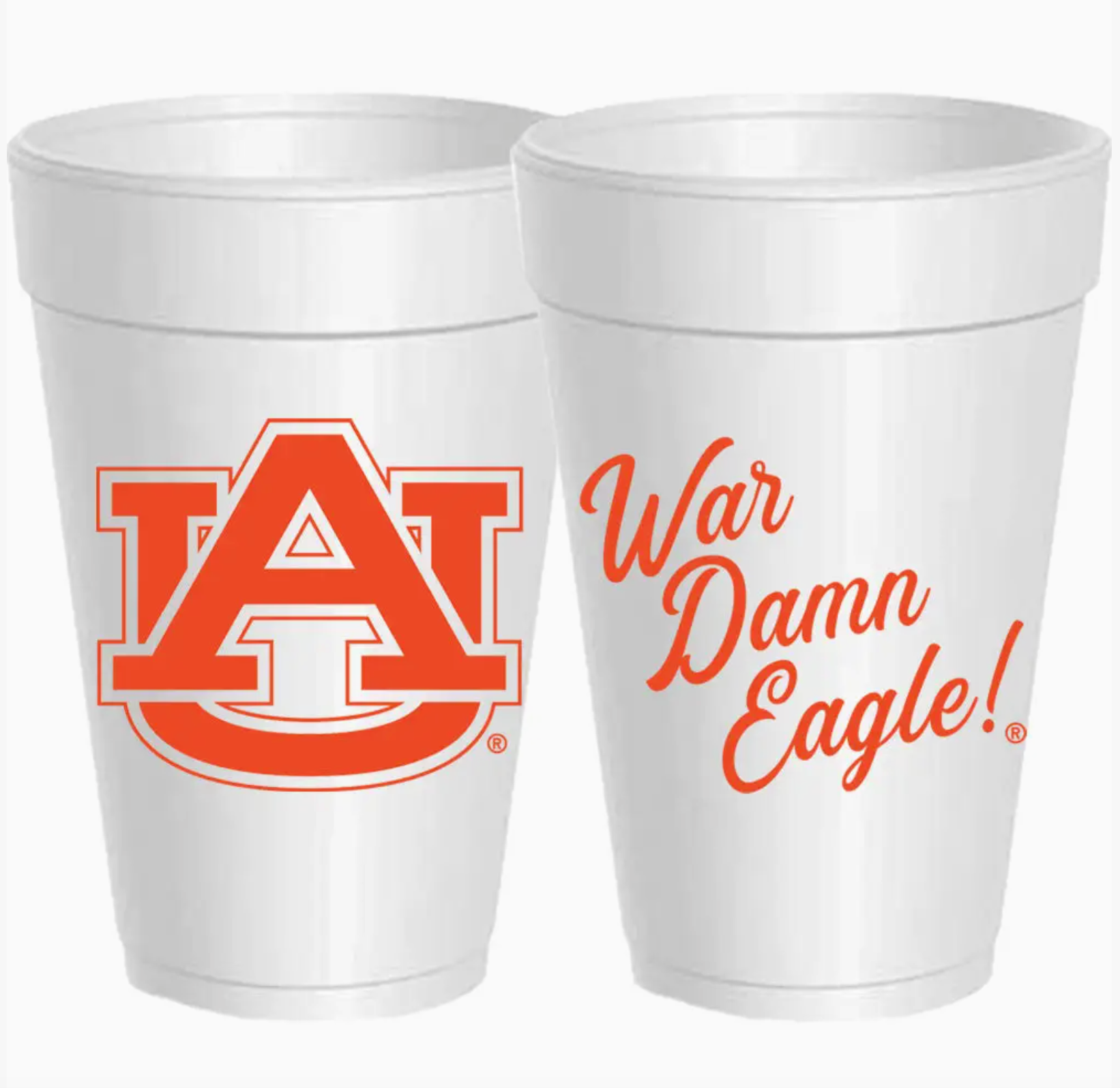 Two white styrofoam cups with Auburn University logo and 'War Damn Eagle!' text on a white background.