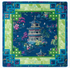 A square silk scarf featuring a detailed Chinese landscape print with a central pagoda, pink flowers, and a blue border with Chinese characters and motifs mahjong mat