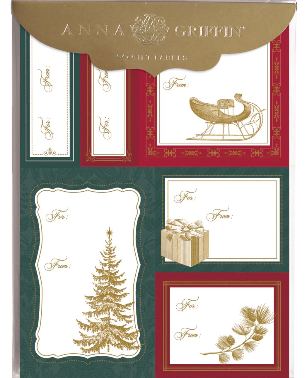 Anna Griffin Christmas stationery set featuring gold, red, and dark green cards with festive designs including a Christmas tree, sleigh, gift box, and pine branch, with 'From.' and 'To.