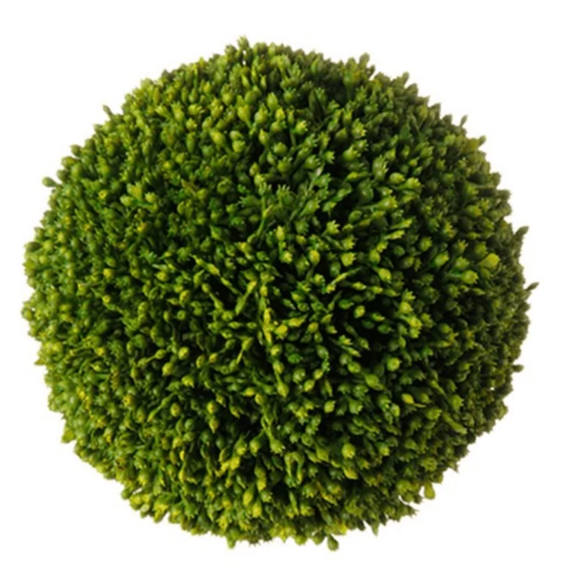 A spherical, dense green artificial topiary-style plant with fine textured foliage, isolated on a plain white background.