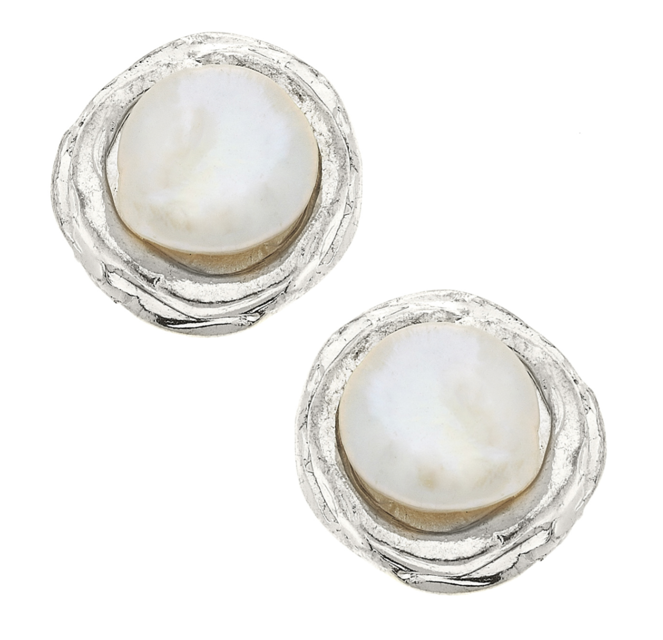 A pair of silver stud earrings with a white pearl centerpiece.